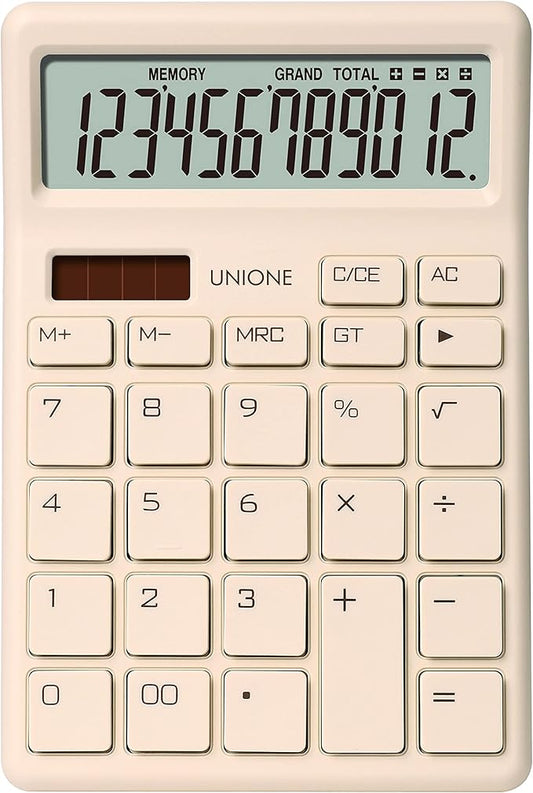 UNIONE Desktop Beige Calculator with a Bright LCD, Dual Power Handheld Desktop. Color. Business, Office, High School, 4×6 inch