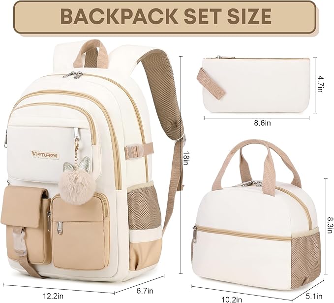 3PCS School Backpack For Student Women College Middle High Teen Girls Bookbag Waterproof Laptop Bag Beige Khaki