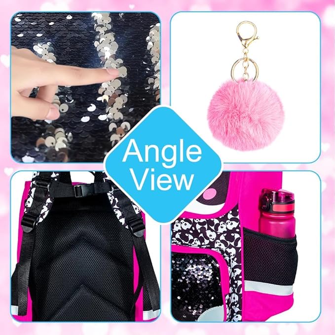 3PCS Bookbag for Girls, 15" Kids Sequin Bookbag with Lunch Box, Panda School Bag Set for Elementary Preschool Toddler
