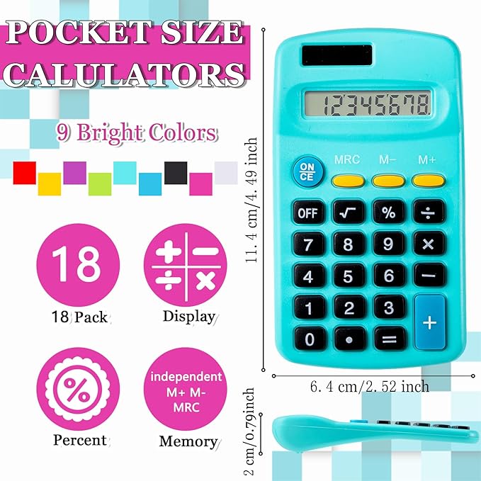 18 Pack Mini Pocket Calculators, Pocket Size Mini Calculators, 8 Digit Display Basic Calculator,Solar Battery Dual Power Function Calculator for Students Kids Home Office(9 Colors)