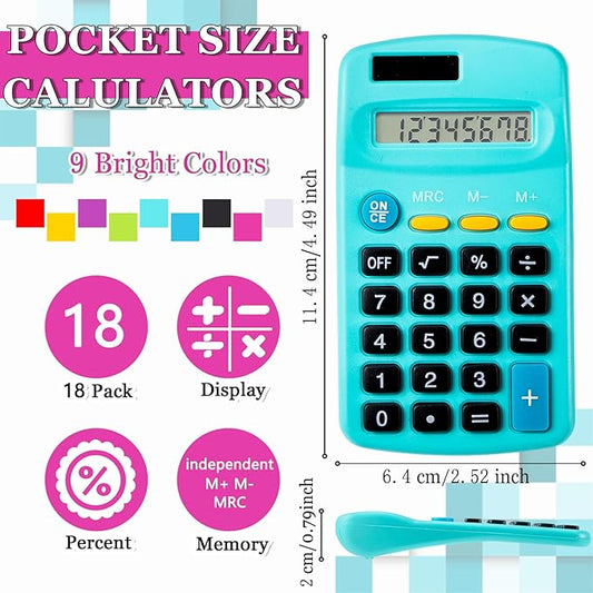 18 Pack Mini Pocket Calculators, Pocket Size Mini Calculators, 8 Digit Display Basic Calculator,Solar Battery Dual Power Function Calculator for Students Kids Home Office(9 Colors)