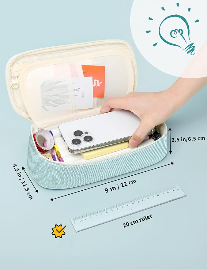 SUNEE Cute Pencil Case, Aesthetic Pen Pouch, Colored Large Pencil Bag with Zipper, Kawaii Stationery Storage and Organizer, School Supplies for Teen and Adult Girls, Mint Green