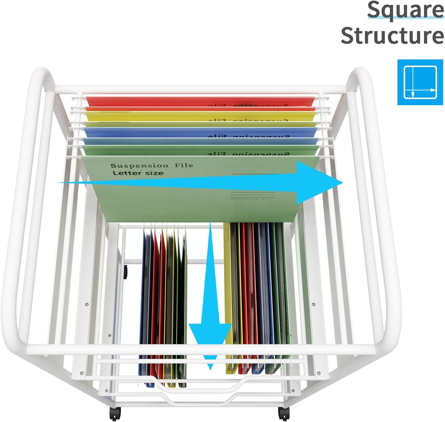PUNCIA 3-Tier Metal Rolling File Cart with Wheels and Hanging Files for Letter Size - Movable Pull-Out Folder Rack Drawer Cabinet for Home Office
