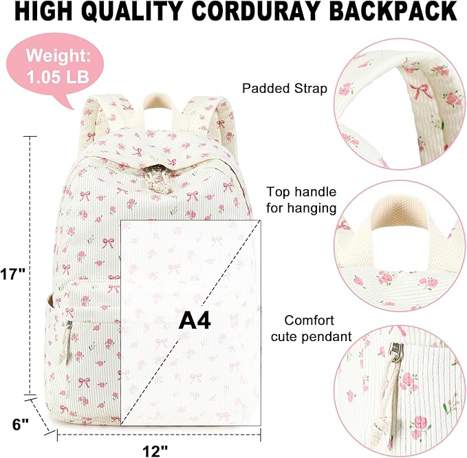 School Backpack for Teens Large Corduroy Bookbag Lightweight 15.6 inch Laptop Bag for Girls Women Casual High School College