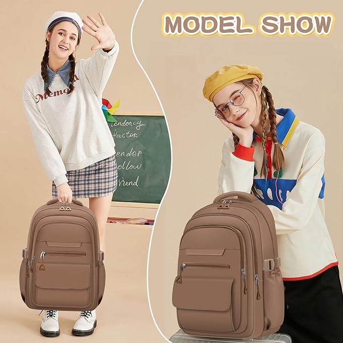 Cute Backpack for School Teen Girls Khaki Bookbag Aesthetic Womens Travel Book Bags for School Kids Student Back Packs