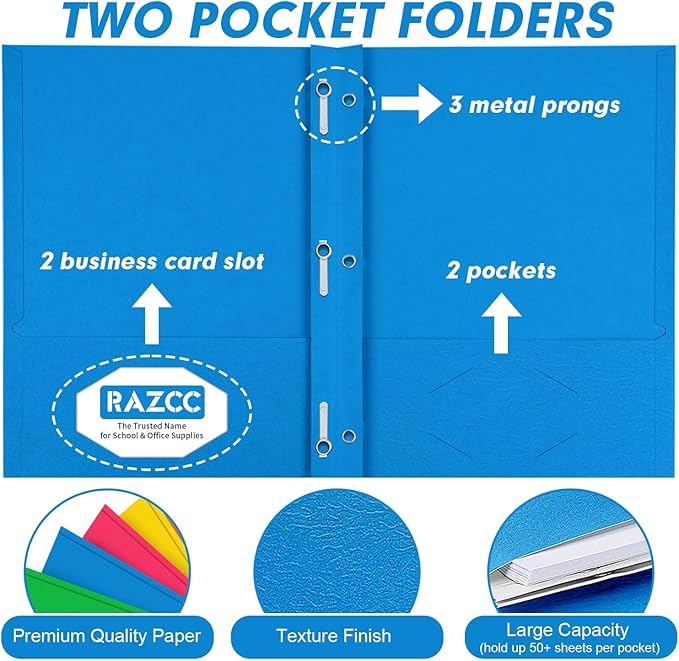Two Pocket Folders, RAZCC 50 Pack Two Pocket Folders with Prongs, 3 Prong Folders Fit Letter Size Paper, Pocket Paper File Folders for School Office Home Business, Assorted 5 Colors