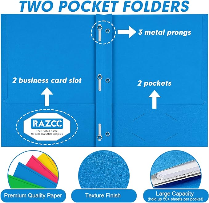 Two Pocket Folders, RAZCC 75 Pack Two Pocket Folders with Prongs, 3 Prong Folders Fit Letter Size Paper, Pocket Paper File Folders for School Office Home Business, Assorted 5 Colors