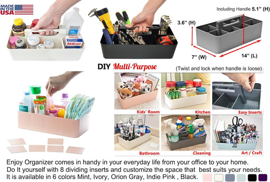 -Large Portable Caddy, DIY Dividers, 8 Compartments, Office Supplies Organizer, Simple, Portable Basket with Handle Storage Organizer Modern,Endless Multi Use -Made in USA