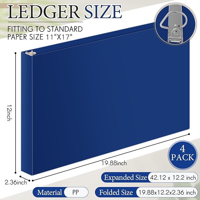 4 Pcs 11 x 17 Inch 3 Ring Binders 2 Inch Rings Heavy Duty View Plastic Flexible D Ring Binders Economy Holds 11" x 17" Paper for Artwork Blueprints, Office, Home, Work Places(Blue)