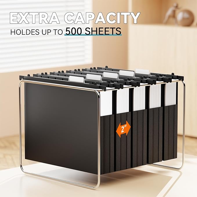 Plastic Hanging File Folder Expandable,Letter Size,Upgraded 2" Expansion Accordian Pocket,12 Pack Extra Capacity Hanging Folders,Adjustable Tabs,No Assembly,Heavy Duty for Filing Cabinet,Black