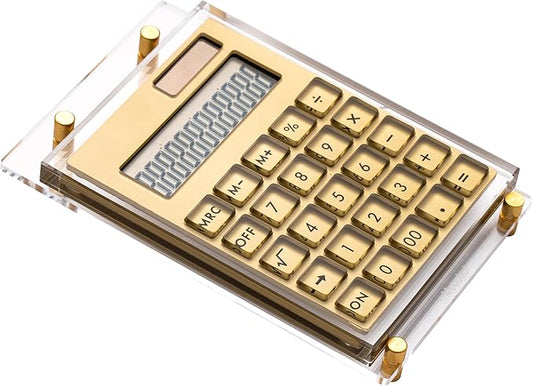 Gold Foil Stamping Solar Power Acrylic Slim Calculator with Large LCD Display and Stand, 12-Digit Handheld Desktop Calculator for Office, School, Business