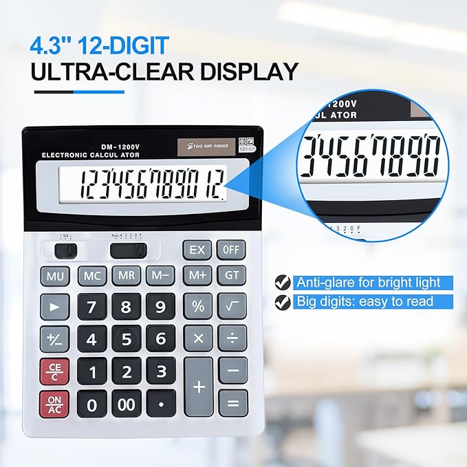 Calculator, 12-Digit Large LCD Display Desktop Calculators, Big Button with Dual Power (Solar & Battery), Standard Function for Office/School/Home Use