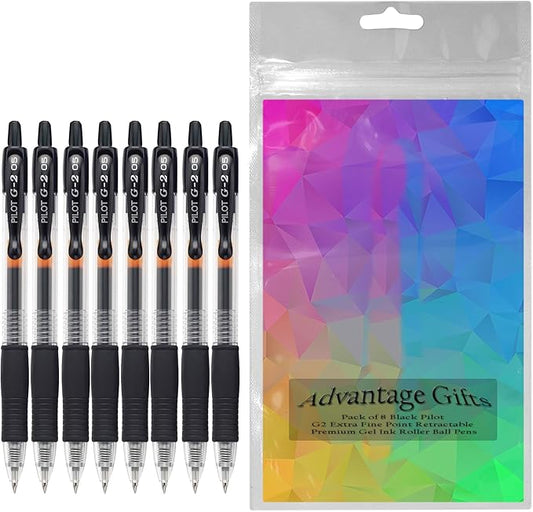 G2 Retractable Premium Gel Ink Roller Ball Pens Extra Fine Point (.5mm) Black Ink 8 pack; Refillable & Premium Comfort Grip Bundle with Plastic Reusable Pouch