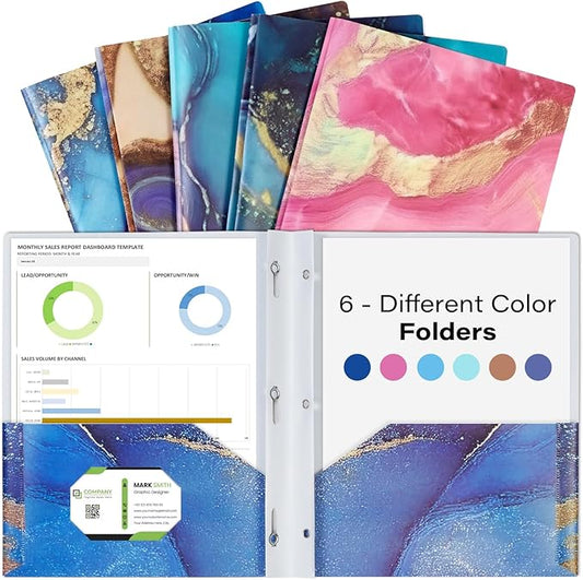 6 Pack Marble Design File Folders with Pockets - Plastic Folder with 2 Pockets & a Business Card Holder, Durable File Folders for Documents, School, Office & Home (Folder with Pockets (with Prong))
