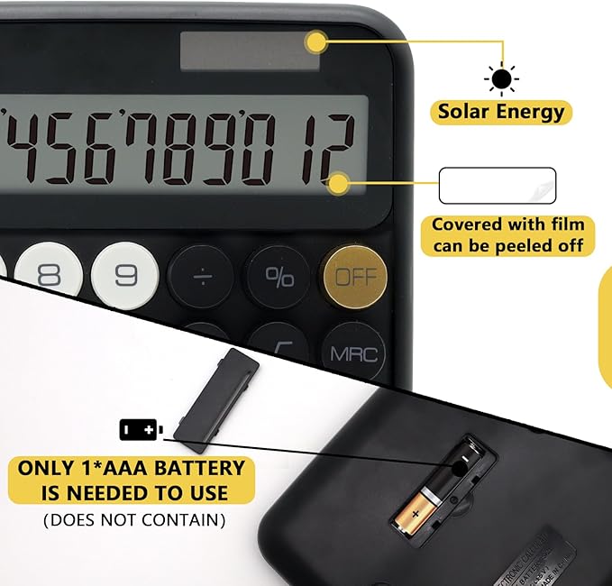 Standard 12 Digit Calculator with Large LCD Display and Big Buttons - Black Gold Office Accessories for Women's Desk