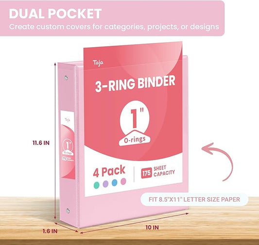 1 Inch Binders 3 Ring 4 Pack, PVC Free View Binder (Fits 8.5" x 11" Letter Size Papers), Perfect for School & Office Supplies, Pastel Colors