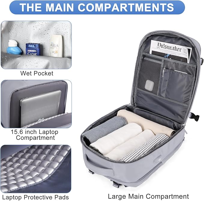 Grey Travel Backpack - Carry On Flight Approved Mochila De Viaje Personal Item - Large Backpack for Men & Women - 18x14x8 Inches