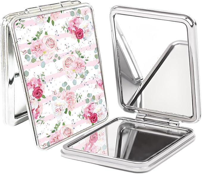 Compact Pocket Mirror, Cute Travel Mini Mirror with Magnification, Foldable Double-Sided Portable Cosmetic Mirror for Men, Women Stripe Pink Rose