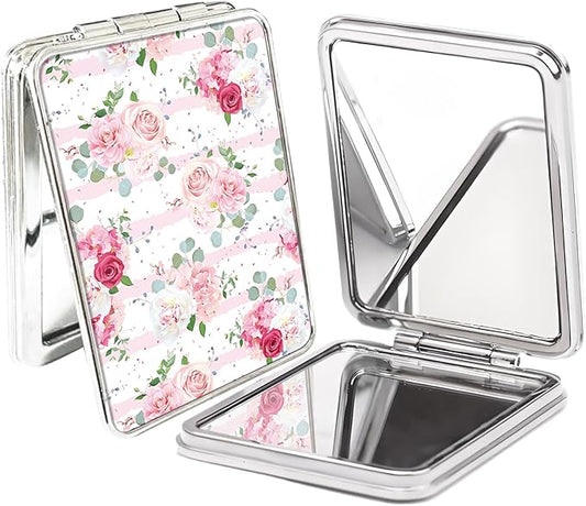 Compact Pocket Mirror, Cute Travel Mini Mirror with Magnification, Foldable Double-Sided Portable Cosmetic Mirror for Men, Women Stripe Pink Rose