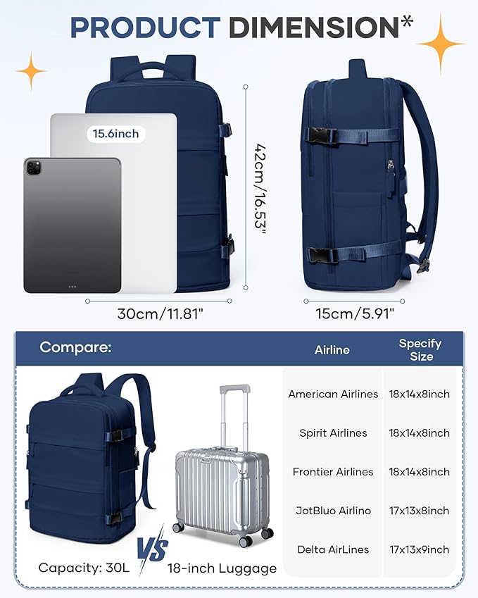 Travel Backpack Carry On Backpack Personal Item Travel Bag Mochila De Viaje Carry On Backpack For Airplanes Traveling Backpack For Women Gym Backpacks College Backpacks Sapphire Blue