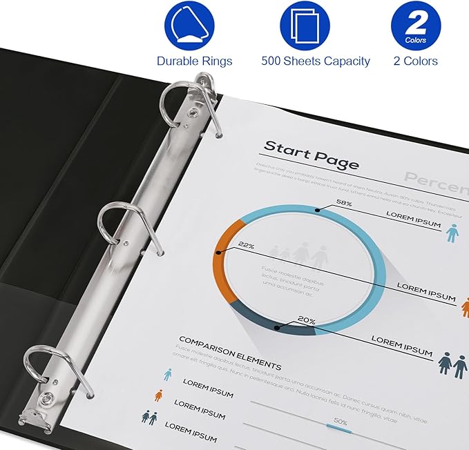 Comix Sturdy 2 Inch D-Ring Binders, 2'' 3 Ring Binder with Clear View Cover, Holds 500 Sheets of 8.5" x 11" Paper, 6 Pack (Black)