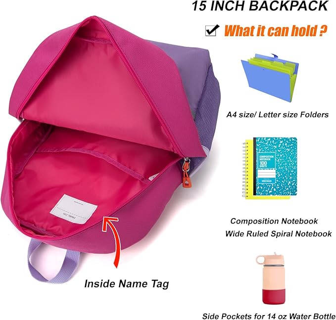 HawLander Little Kids Backpack for Girls Toddler School Bag Fits 3 to 6 years old, 15 inch, Purple