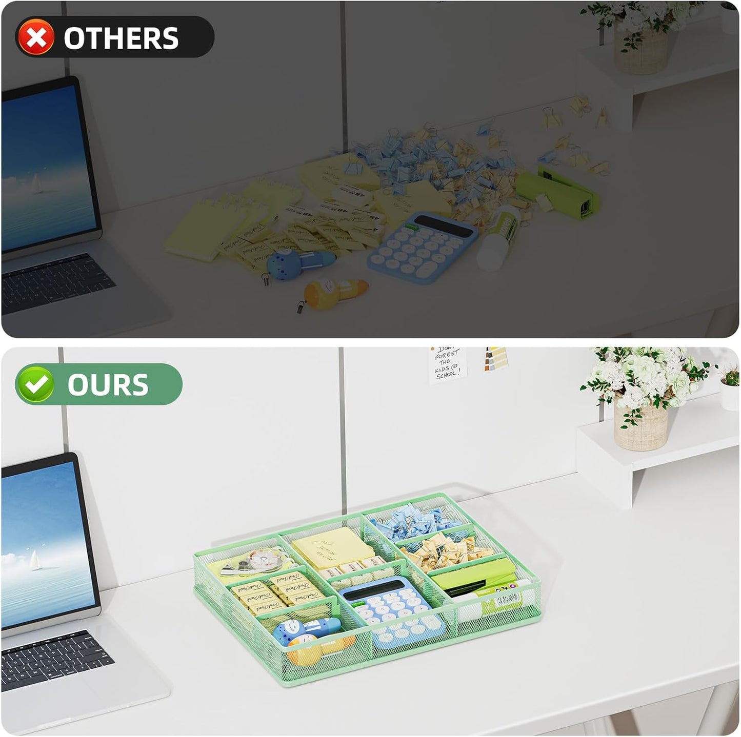 Marbrasse Desk Drawer Organizer, Metal Mesh Drawer Organizer Tray with 5 Adjustable Compartments,Desk Organizers and Accessories for Home,Office,Kitchen,Makeup,Vanity (Green)