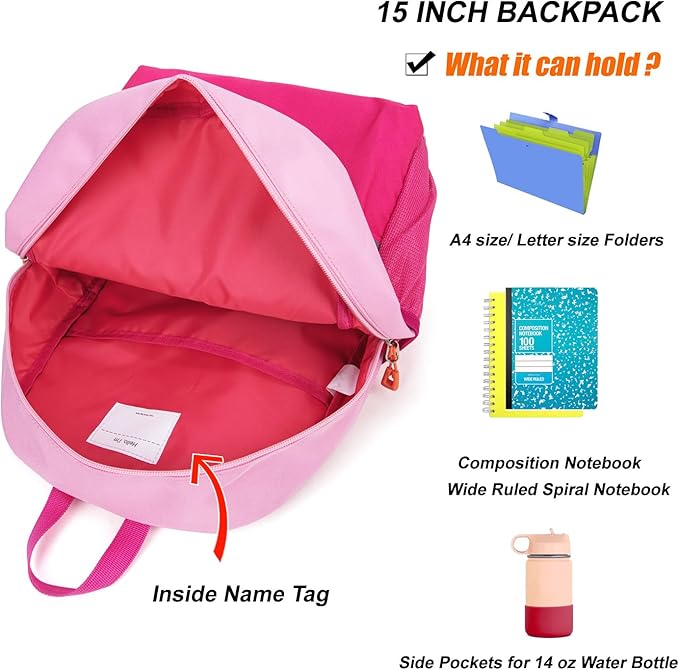 HawLander Little Kids Backpack for Girls Toddler School Bag Fits 3 to 6 years old, 15 inch, Pink