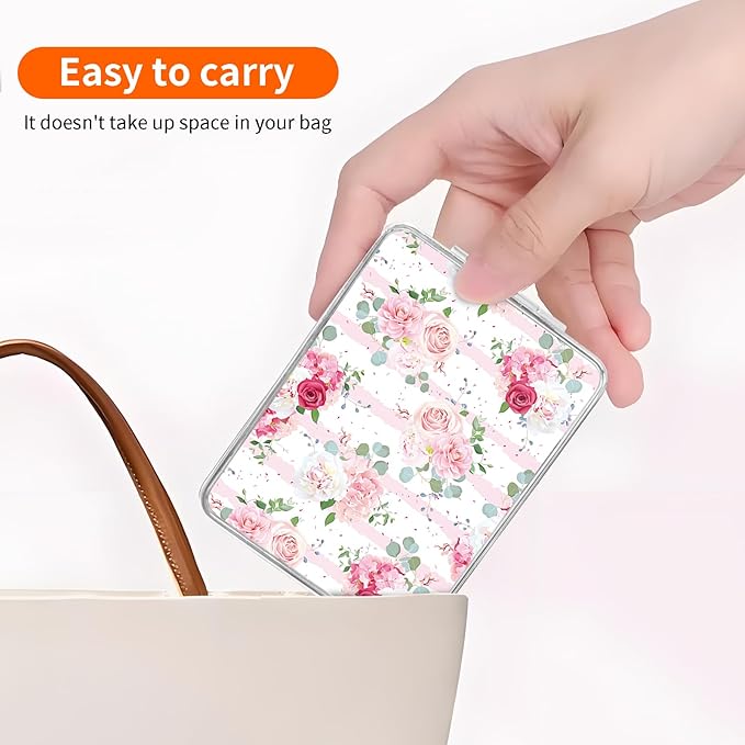 Compact Pocket Mirror, Cute Travel Mini Mirror with Magnification, Foldable Double-Sided Portable Cosmetic Mirror for Men, Women Stripe Pink Rose
