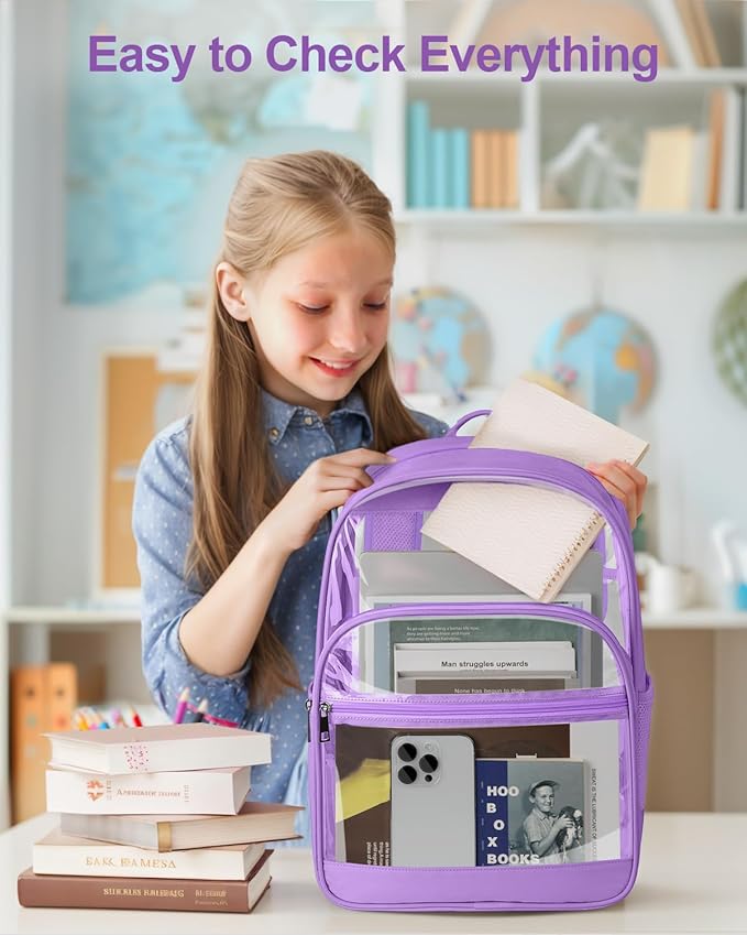 Clear Backpack, Heavy Duty Transparent Bookbag for School, Fabric & PVC Transparent Backpack with Reinforced Strap for Women Men, Capacity Clear Bag for College, Travel, Purple