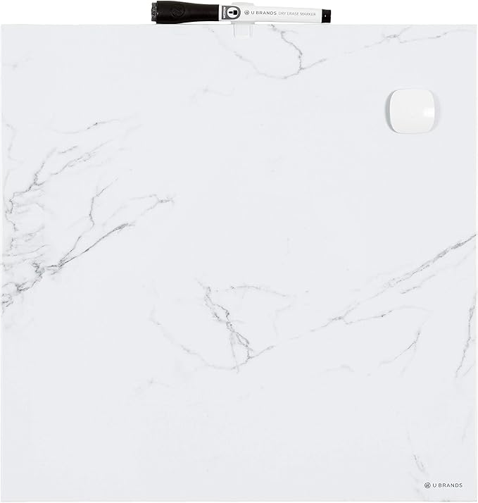 U Brands Magnetic Square Marble Print Dry Erase Board, 14"x14", Frameless, includes Magnet and Marker