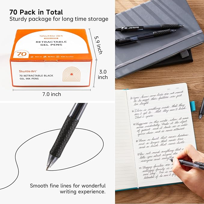 Shuttle Art Black Gel Pens, 70 Pack Retractable Medium Point Rollerball Gel Ink Pens Smooth Writing with Comfortable Grip for Office School Home Work