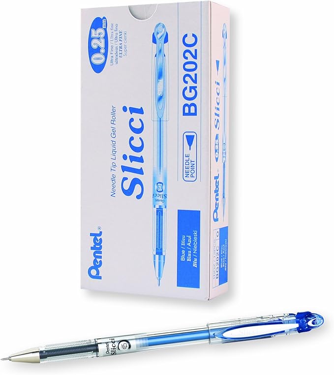 Pentel Arts Slicci 0.25 mm Extra Fine Gel Pen, Blue Ink, Box of 12 (BG202-C)