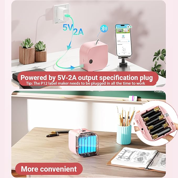 Phomemo Label Maker Machine with Tape, P12 Portable Bluetooth Label Maker Thermal Mini Label Printer with Multiple Templates for Home, Office, Kitchen, Storage, Organizing, Pink