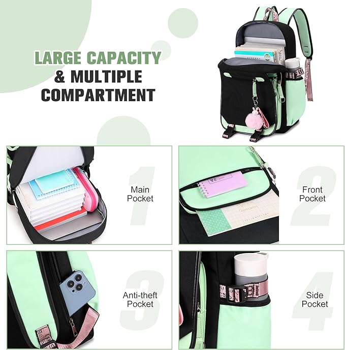 Bevalsa School Backpack for Girls, Backpack with Lunch Box & Pen Case, Bookbag for Girls Kids Elementary Middle High School Student 21L Children Schoolbag (Black Green)