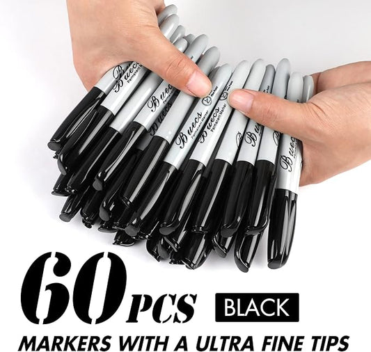 Permanent Markers, 60 Count Ultra Fine Point Black Permanent Markers, Works on paper, Plastic, Stone, Glass, Metal