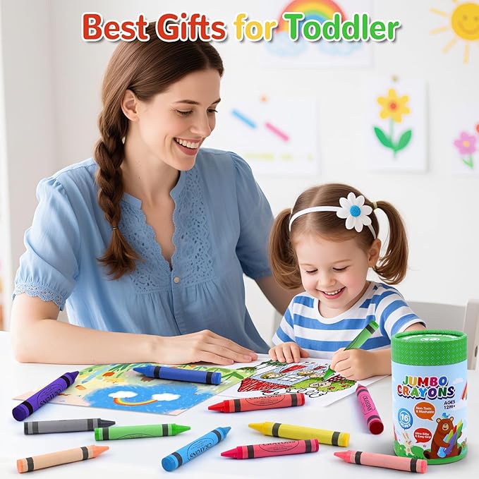 Jumbo Crayons for Toddlers 1-3 - 16 Colors Washable Toddler Crayons for Kids Ages 4-8 & 2-4, Non-Toxic, Silky Easy-Grip Large Crayon for Kids Art Coloring, Back to School Supplies,Classroom Must Haves