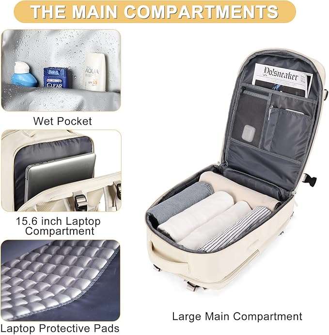 Beige Large Travel Backpack For Women Men Airline Approved Personal Item Backpack For Airlines Carry On Backpack Flight Approved Waterproof Backpack For Traveling On Airplane Weekender Travel Bag