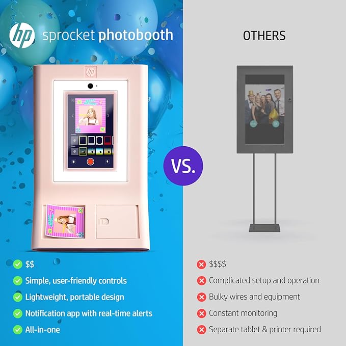 HP Sprocket Photo Booth + 110 3x4 Zink Paper Sheets, Digital Instant Color Photo Printer, 10.1" Touchscreen Photobooth, LED Ring Light, Customize w/ 250+ Frames, Share via QR Code, Mobile App, Pink