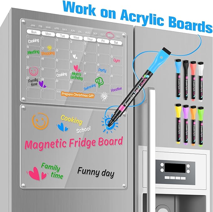 Liquid Chalk Markers Magnetic Wet Erase Markers for Acrylic Calendar Planning Board Clear Glass Writing Board Whiteboard Window/Mirror, 16 Pack, 8 Vibrant Color, 1mm Fine Tip