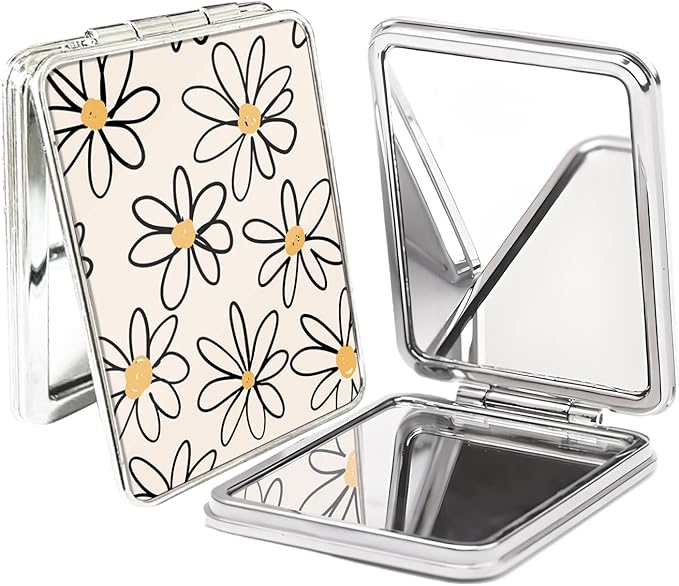 Compact Pocket Mirror, Cute Travel Mini Mirror with Magnification, Foldable Double-Sided Portable Cosmetic Mirror for Men, Women Cute Daisy