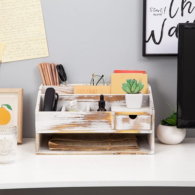 VERGOODR Wood Desk Drawer Organizers with File Organizer Pen holder Office Decor combo Organization Home Can Arrange calculators scissors pens note papers, etc. (washed white)