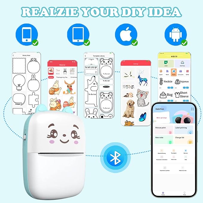 Mini Sticker Printer, Inkless Sticker printer with 5 Rolls Pape, Bluetooth Smart Pocket Printer Compatible with iOS & Android, Portable Thermal Printer for PicturesRetro-Style PhotosReceiptsNotes