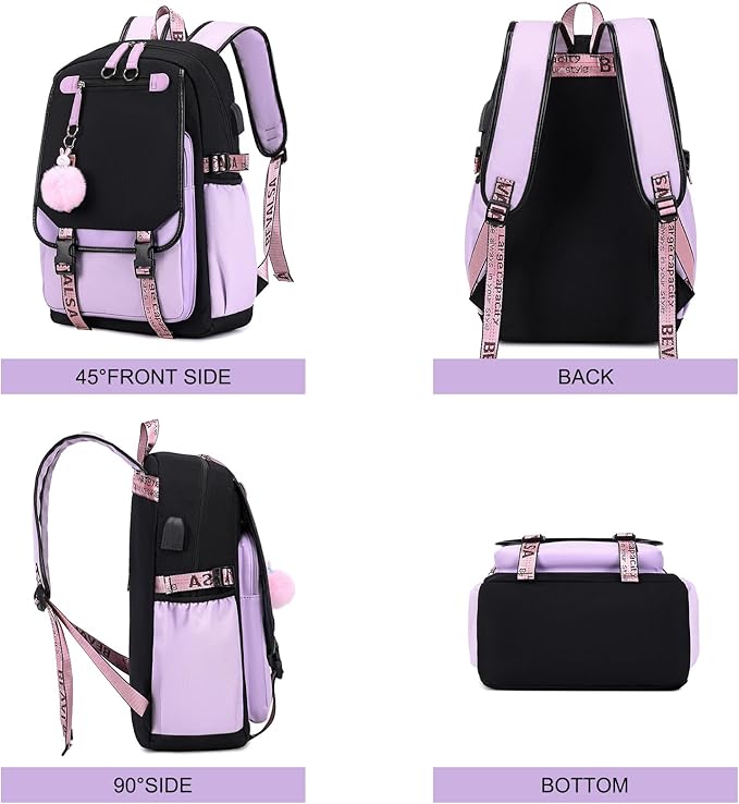 Bevalsa Backpack with Lunch Bag Bookbag Set for Girls Kids Middle High School College Student 21L Casual Daypack Children Schoolbag Bookbag with USB Charging Port (Purple)