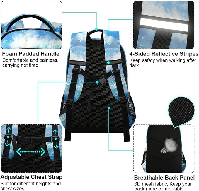 Shark Blue Ocean Wave Backpack for Boys Girls Elementary School Bag Kids Bookbag Travel Rucksack