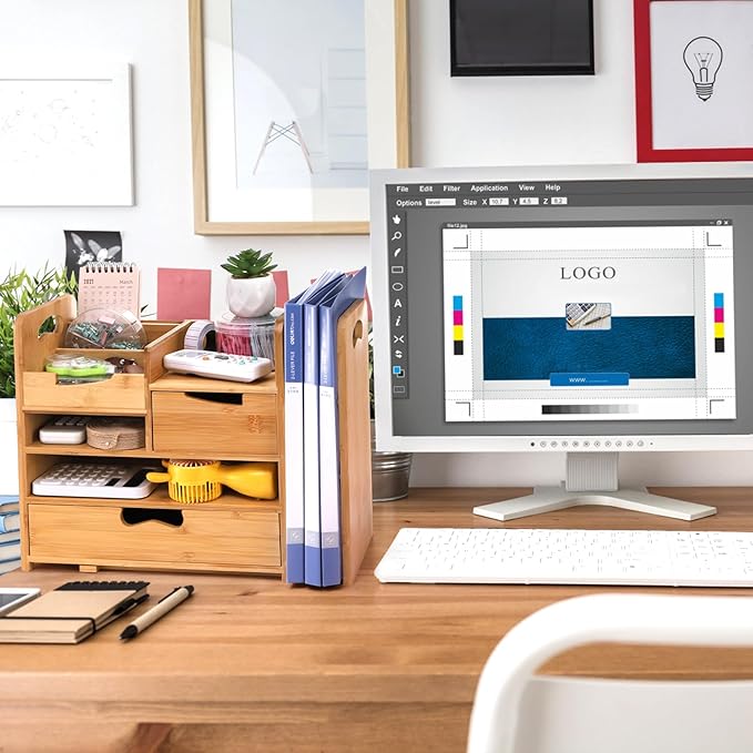 ZOOFOX Bamboo Desk Organizer with Adjustable File Holder, Mail Organizer Countertop with Drawer, 4-Tier Desktop Organization and Desk Accessories for Home Office School Supplies, No Assembly Required