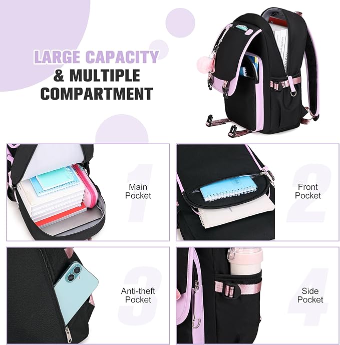 Bevalsa School Backpack for Girls, Backpack with Lunch Box & Pen Case, Bookbag for Girls Kids Elementary Middle High School Student 21L Children Schoolbag (Purple Black)