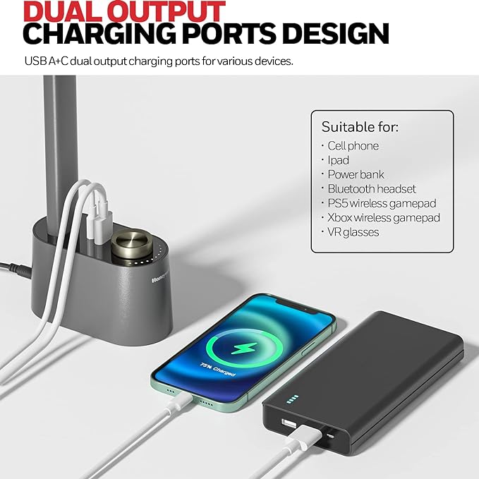 Honeywell Upgraded LED Desk Lamp - H01 Pro Sunturalux™ Foldable Desk Light with USB A+C Charging Port, 3 Color Modes Dimmable Table Lamp for Home Office Reading(Grey)