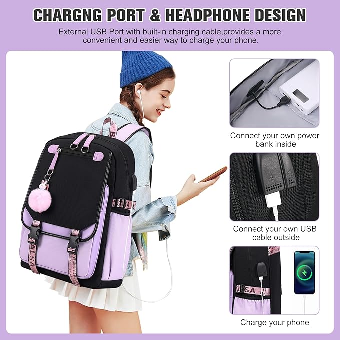 Bevalsa Backpack with Lunch Bag Bookbag Set for Girls Kids Middle High School College Student 21L Casual Daypack Children Schoolbag Bookbag with USB Charging Port (Purple)