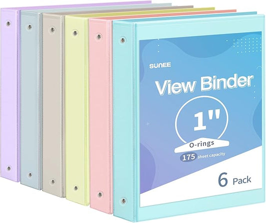 SUNEE 1 Inch Binders 3 Ring 6 Pack, Clear View Three Ring Binders PVC-Free (Fit 8.5x11 Inches) for School or Office Supplies, Pastel Binder